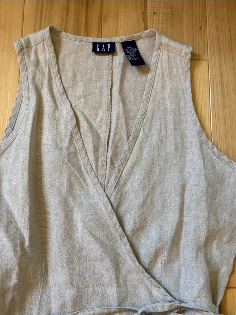 Vintage Gap Linen Tan V Neck Wrap Style Midi Dress - Picture 2 of 11